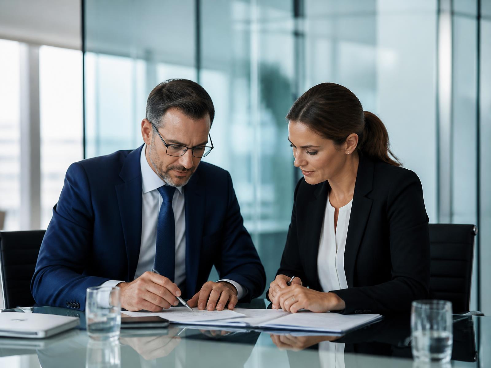 Profissionais analisando documentos em reunião corporativa